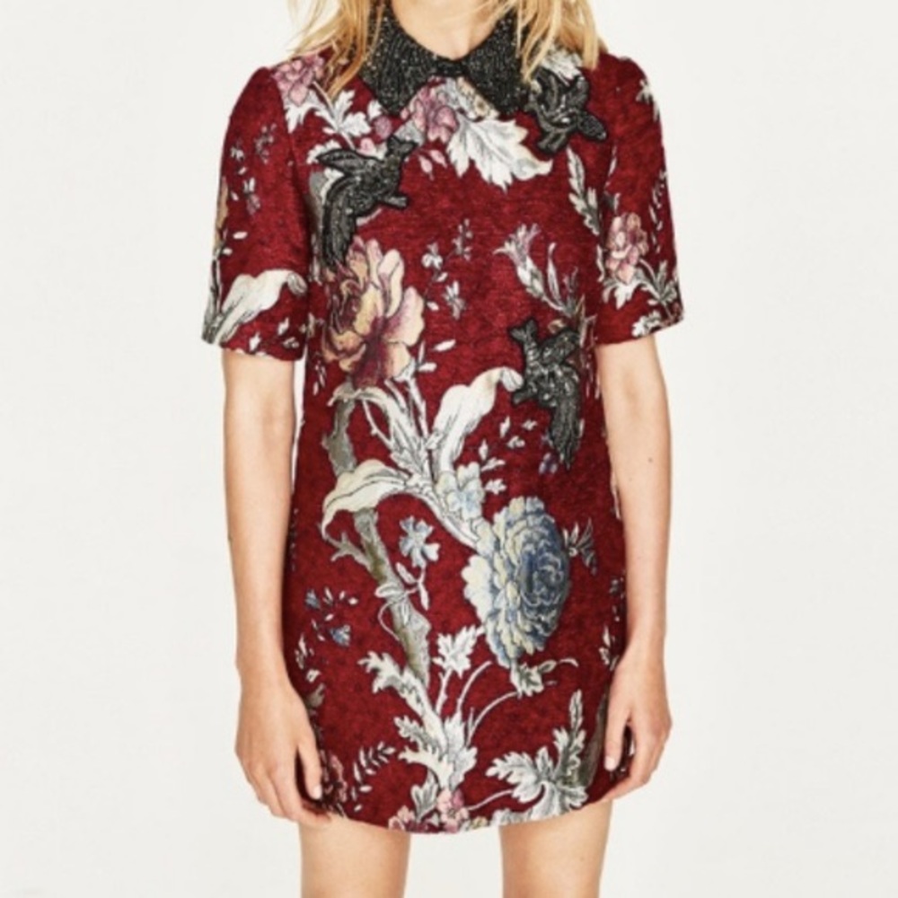 Zara red jacquard embellished collar mini dress